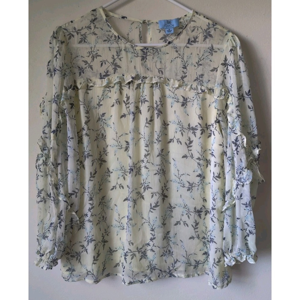 CeCe Women's Long Sleeve Wisteria Vine Ruffle Sheer Sl Blouse Pale Yellow Size M
